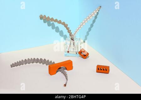 Geometric composition of bricks, glass bottle and plants. In a corner space of two colors. Stock Photo