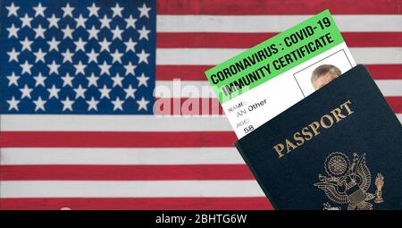 USA passport with a coronavirus immunity certificate for travel against stars and stripes US flag Stock Photo
