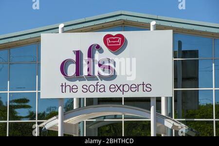 LLANTRISANT, WALES - MAY 2018: Close up view of a large sign above the entrance to a DFS furniture store on an out of town retail park Stock Photo