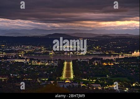 Canberra at night from Mount Ainslie Lookout Stock Photo