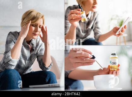 collage of mature woman with migraine holding bottle while using smartphone and adding cbd oil in drink Stock Photo