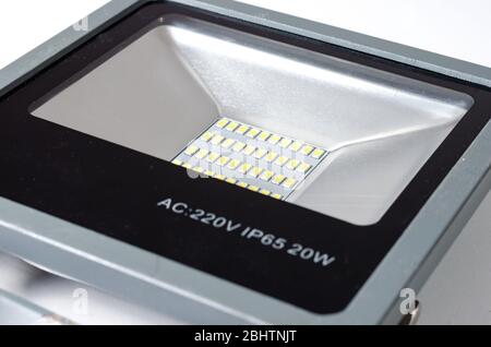 Close-up  of  aluminum 20 watt solar led diode   light luminary new  generation   on white background Stock Photo