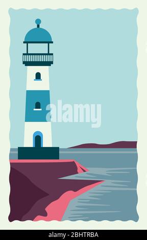 sea scape flat scene with lighthouse and sailboat Stock Vector Image ...