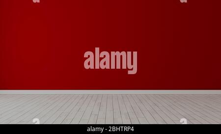 Empty room with red painted wall and white wooden floor realistic 3D rendering Stock Photo