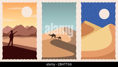 set of desert landscapes flat scenes Stock Vector