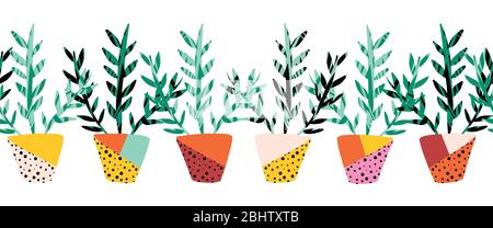 Plant pots seamless vector border. Repeating pattern with potted plants. Design for fabric trim, ribbon, card decor, duct tape, footer, letterhead Stock Vector