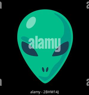 Green alien face icon. Extraterrestrial humanoid front head logo vector illustration. Ufo symbol sticker. Paranormal T-shirt print design. Flat character isolated on black background.Fun clip art. Stock Vector
