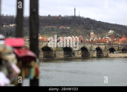 PRAGUE, CZECH REPUBLIC: Love locks on a railing near the Charles Bridge Stock Photo