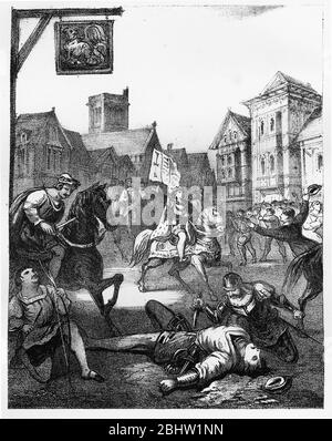 Engraving of the death of Wat Tyler, London, England. Walter 'Wat' Tyler (c.1320 - 1381) was a leader of the 1381 Peasants' Revolt in England. He marched a group of rebels from Canterbury to the capital to oppose the institution of a poll tax and to demand economic and social reforms. While the brief rebellion enjoyed early success, Tyler was killed by officers loyal to King Richard II during negotiations at Smithfield, London. (wikipedia) Stock Photo