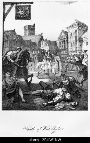 Engraving of the death of Wat Tyler, London, England. Walter 'Wat' Tyler (c.1320 - 1381) was a leader of the 1381 Peasants' Revolt in England. He marched a group of rebels from Canterbury to the capital to oppose the institution of a poll tax and to demand economic and social reforms. While the brief rebellion enjoyed early success, Tyler was killed by officers loyal to King Richard II during negotiations at Smithfield, London. (wikipedia) Stock Photo