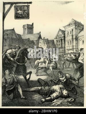 Engraving of the death of Wat Tyler, London, England. Walter 'Wat' Tyler (c.1320 - 1381) was a leader of the 1381 Peasants' Revolt in England. He marched a group of rebels from Canterbury to the capital to oppose the institution of a poll tax and to demand economic and social reforms. While the brief rebellion enjoyed early success, Tyler was killed by officers loyal to King Richard II during negotiations at Smithfield, London. (wikipedia) Stock Photo