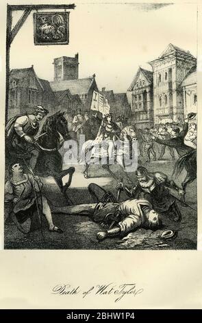 Engraving of the death of Wat Tyler, London, England. Walter 'Wat' Tyler (c.1320 - 1381) was a leader of the 1381 Peasants' Revolt in England. He marched a group of rebels from Canterbury to the capital to oppose the institution of a poll tax and to demand economic and social reforms. While the brief rebellion enjoyed early success, Tyler was killed by officers loyal to King Richard II during negotiations at Smithfield, London. (wikipedia) Stock Photo
