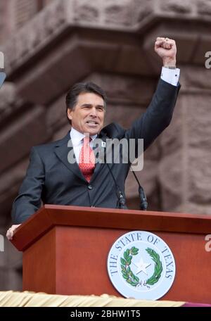 Austin, Texas USA, January 18 2011: Texas Governor Rick Perry raises his fist during his inaugural address after being sworn in for his third full term as Governor  © Marjorie Kamys Cotera/ Daemmrich Photography Stock Photo