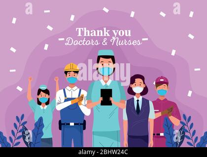 group of workers using face masks with thank you doctors and nurses message Stock Vector