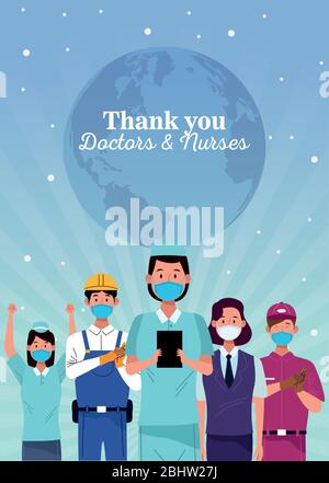 group of workers using face masks with thank you doctors and nurses message Stock Vector
