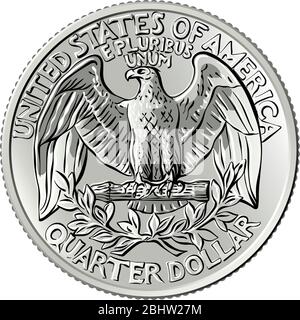 American money, United States Washington quarter dollar or 25-cent silver coin, the national bird of USA Bald eagle with wings spread on reverse Stock Vector
