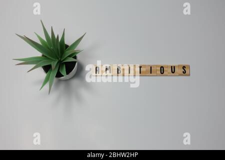 The word Ambitious written in wooden letter tiles on a white background.  Concept growth, motivation and success in business. Stock Photo