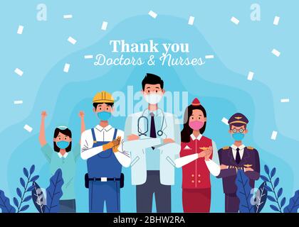 group of workers using face masks with thank you doctors and nurses message Stock Vector