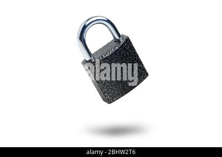 Black padlock on a white background. Isolated. Close up. Stock Photo