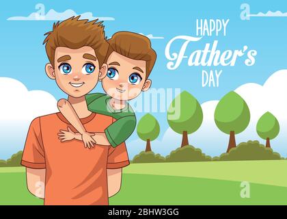 fathers day card with dad carrying son in landscape Stock Vector