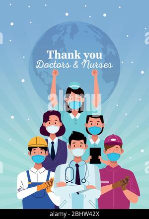 group of workers using face masks with thank you doctors and nurses message Stock Vector