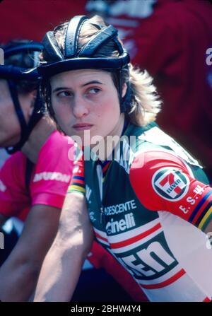 Rebecca Twigg, a member of the women’s 7-11 cycling team during the Coors International Bicycle Classic bike race on August 15, 1985 in Boulder, CO. Photo by Francis Specker Stock Photo