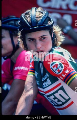 Rebecca Twigg, a member of the women’s 7-11 cycling team during the Coors International Bicycle Classic bike race on August 15, 1985 in Boulder, CO. Photo by Francis Specker Stock Photo