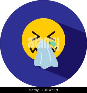 Emojis coronavirus concept, Emoji face with closed eyes sneezing or blowing its nose into a white tissue, block style, vector illustration Stock Vector