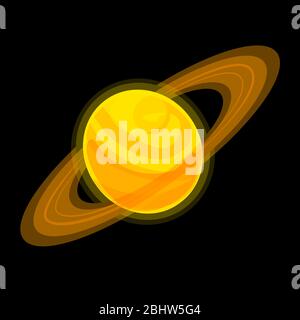 Saturn Cartoon illustration Isolated on black background. Jupiter vector icon. Yellow planet with ring Stock sticker. Cosmo Globo logo with rings. Orange giant flat element. Stock Vector