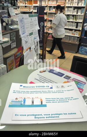 Hygiene measures in a pharmacy during the COVID-19 pandemic. In Normandy, France. Stock Photo