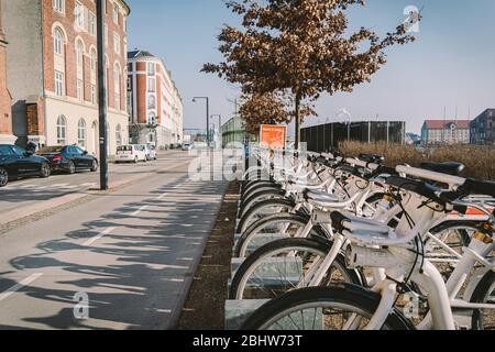 E-Bicycle Rental Station To copenhagen, denmark february 18, 2019. Bycyklen. Electric rental bikes in Copenhagen. Rental bicycle pick up station in Stock Photo