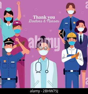 group of workers using face masks with thank you doctors and nurses message Stock Vector