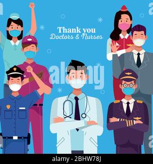 group of workers using face masks with thank you doctors and nurses message Stock Vector