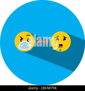Emojis coronavirus concept, emoji wearing a mouth mask and sick emoji coughing over white background, block style, vector illustration Stock Vector