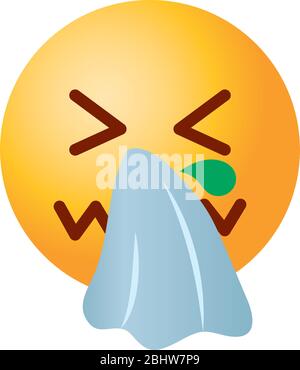 Emojis coronavirus concept, Emoji face with closed eyes sneezing or blowing its nose into a white tissue, gradient style, vector illustration Stock Vector