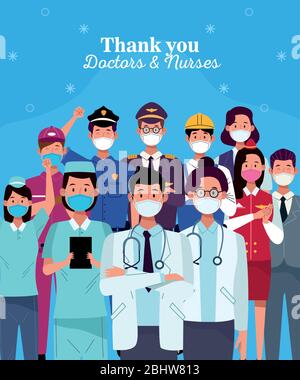group of workers using face masks with thank you doctors and nurses message Stock Vector