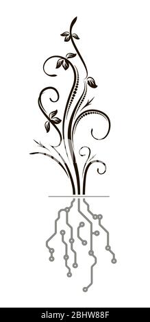 Conceptual design with floral branch and root in PCB-layout style. High-tech vector illustration. Stock Vector