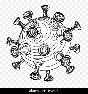 Single detailed outline, hatching 3D style coronavirus COVID-19 virus on transparent background. Novel coronavirus Covid-19 outbreak. Editable vector Stock Vector