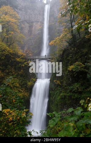 Multnomah Falls and famous bridge over the flowing water in the Columbia River Gorge of Oregon in autumn Stock Photo