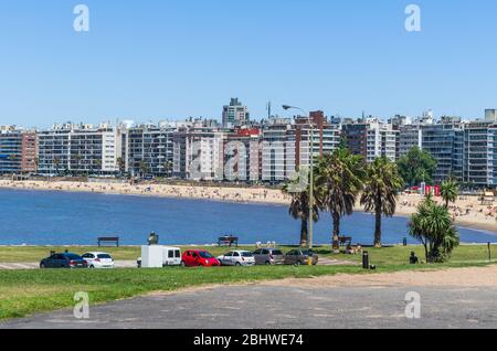 MONTEVIDEO, URUGUAY - Dezember 25, 2015: Landmark place at pocitos beach in which is located the montevideo letters, a place for tourist to take souve Stock Photo