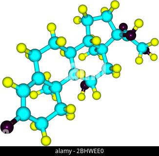 A molecular model of the hormone Hydrocortisone or Cortisol. IT is primarily released from the adrenal gland as a response to stress. Isolated on whit Stock Photo