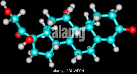 A molecular model of the hormone Hydrocortisone or Cortisol. IT is primarily released from the adrenal gland as a response to stress. Isolated on blac Stock Photo