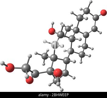 A molecular model of the hormone Hydrocortisone or Cortisol. IT is primarily released from the adrenal gland as a response to stress. Isolated on whit Stock Photo