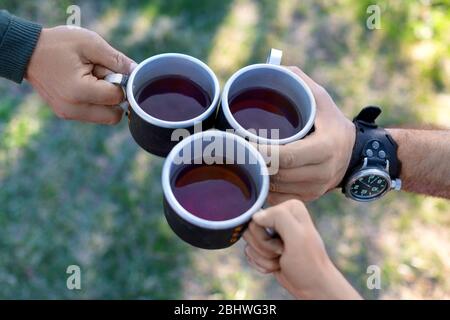 Top view of a three hands with a cups of tea. Picnic of a friends outdoor. Stock Photo