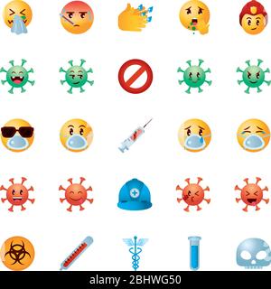 biohazard symbol and emojis coronavirus icon set over white background, gradient style, vector illustration Stock Vector