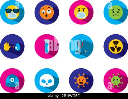 stethoscope and emojis coronavirus icon set over white background, block style, vector illustration Stock Vector