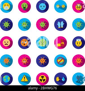 cleaning gloves and emojis coronavirus icon set over white background, block style, vector illustration Stock Vector
