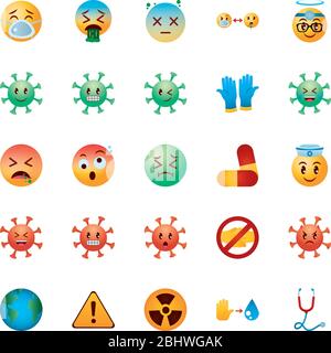 cleaning gloves and emojis coronavirus icon set over white background, gradient style, vector illustration Stock Vector