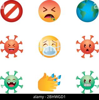 earth planet and emojis coronavirus icon set over white background, gradient style, vector illustration Stock Vector