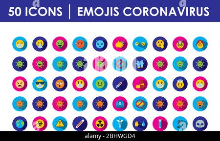 emojis coronavirus icon set over white background, block style, vector illustration Stock Vector